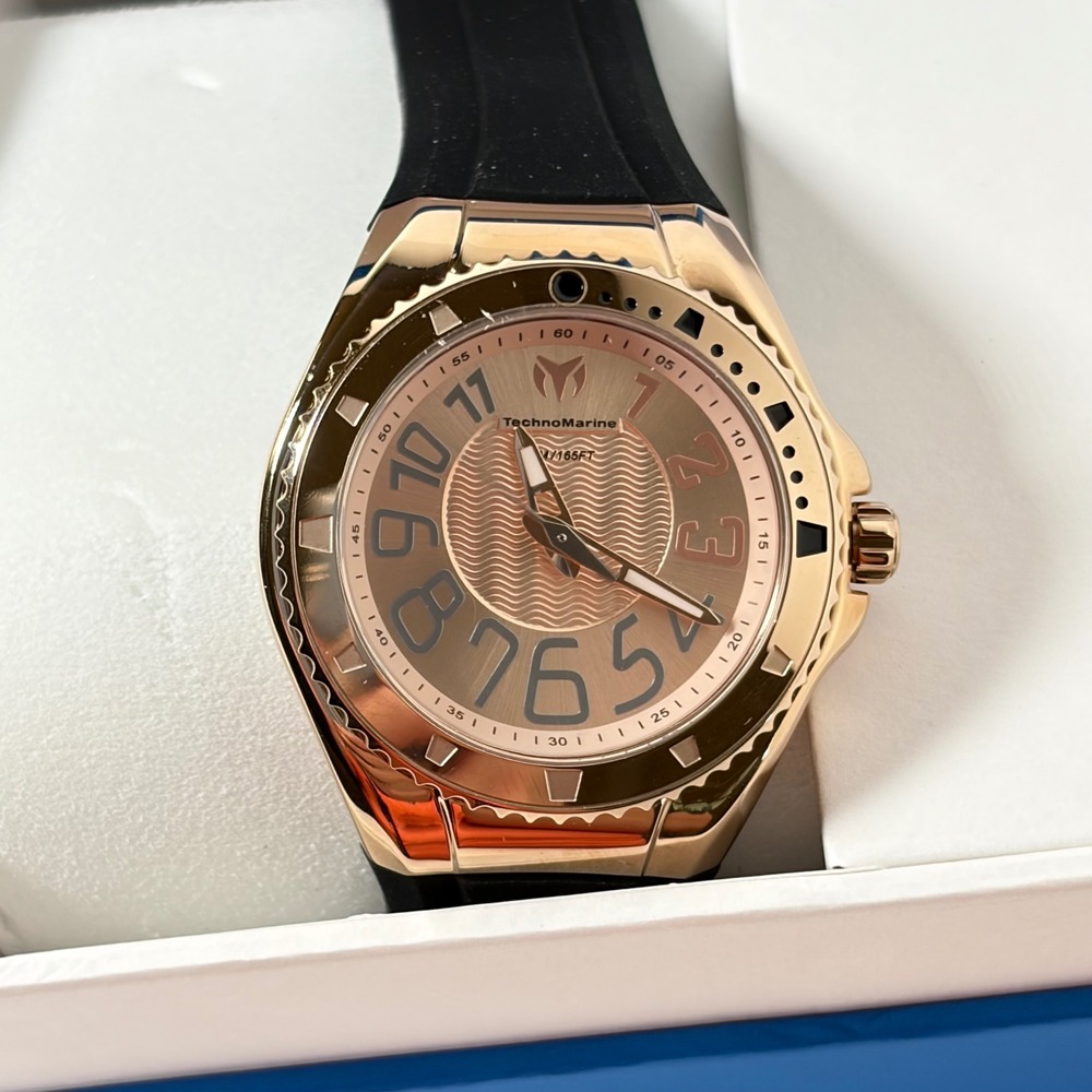 TechnoMarine Watch Lusso Mare Rose Gold TM-225049 GXP Black Silicone Watch New